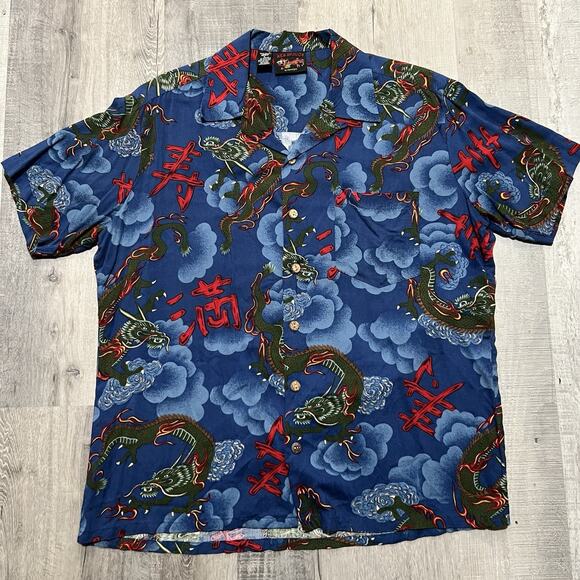 VTG Red Dragon By Kennington Hawaiian Shirt Blue Woody Wagon Surf Loop Collar L - Picture 1 of 5